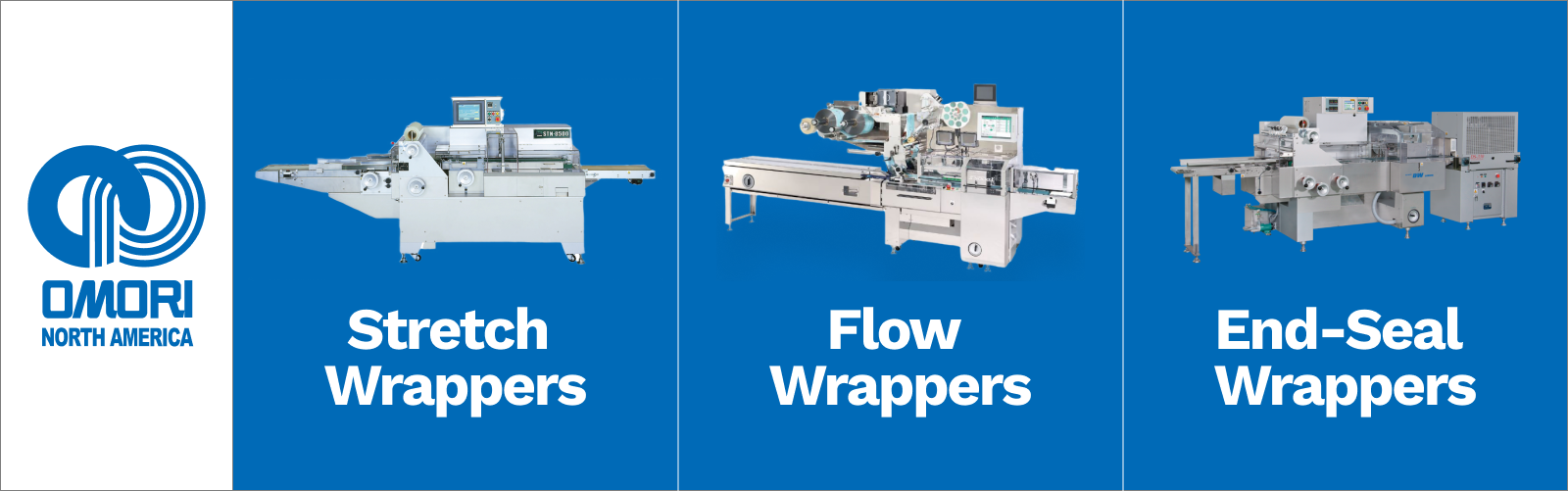 omori north america product shots of stretch wrapper, flow wrapper, and end-seal wrapper