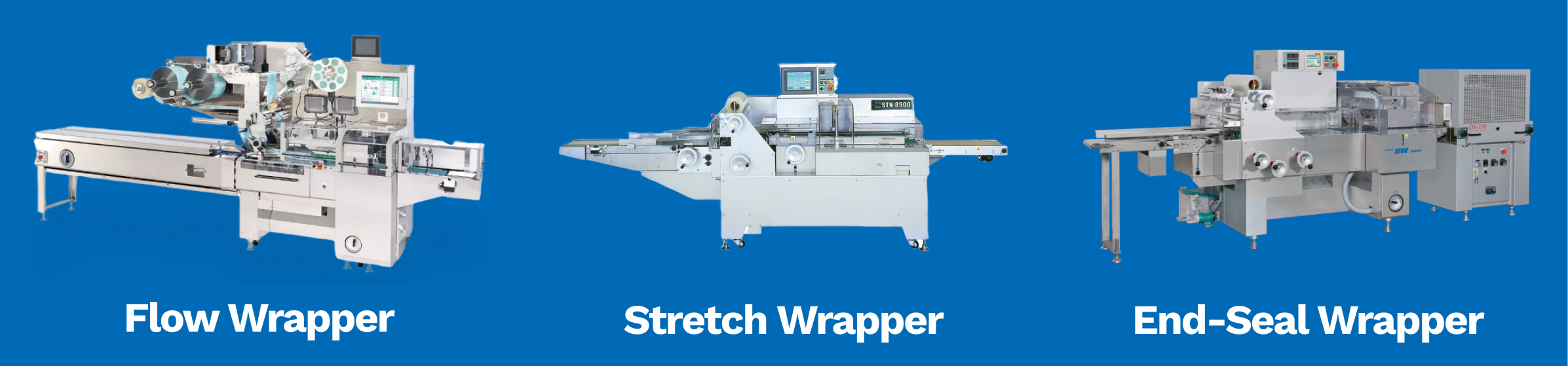 omori north america product shots of flow wrapper, stretch wrapper, and end-seal wrapper